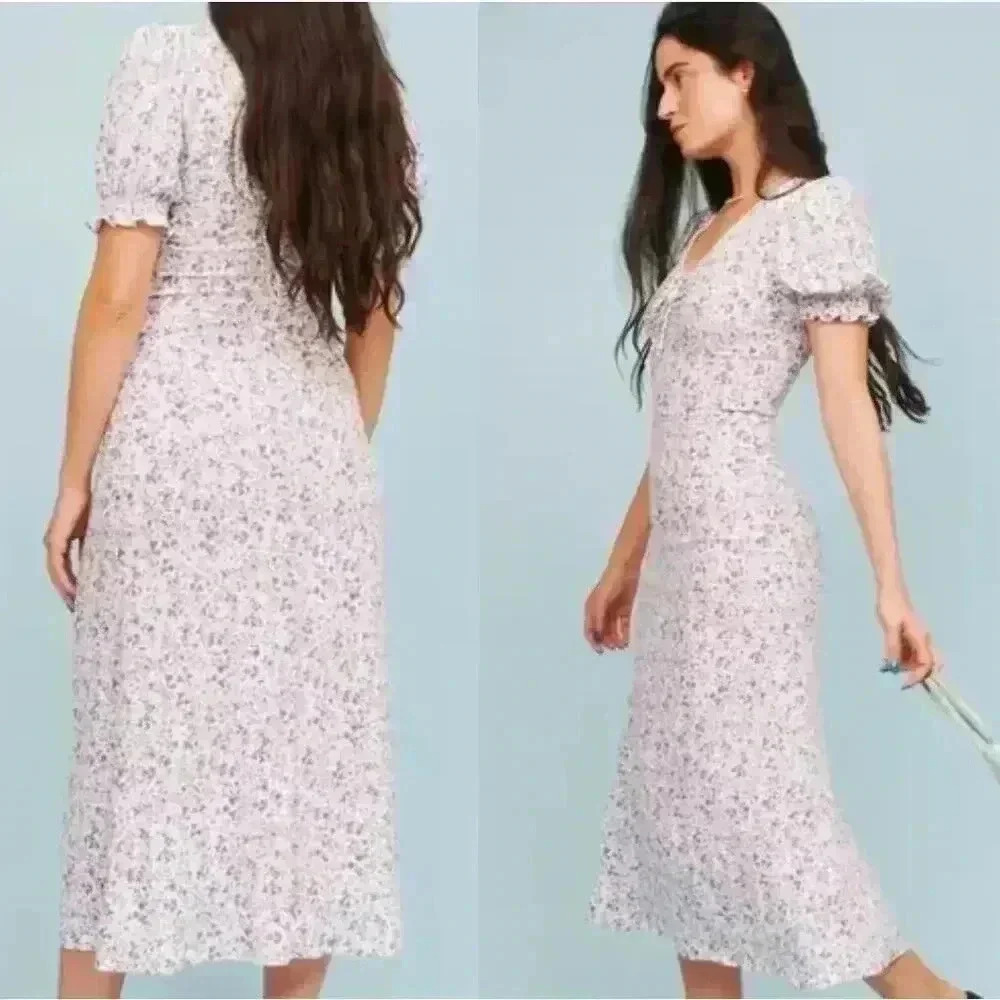 Reformation Trisha - Johanna Print Tea Dress Blue White Floral Gathered Midi 8